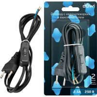 Провод с выключателем и евровилкой 2м, duwi 2х0.75мм², 2,5А,черный, 05681 2