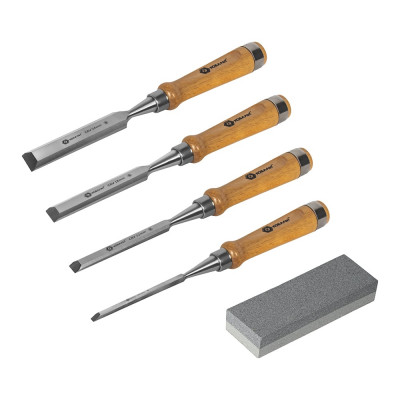 Набор плоских стамесок: 6, 12, 18, 24мм, длина 140мм, CR-V, деревянные рукоятки, точильный камень, 4шт, кейс КОБАЛЬТ 245-893