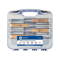 Набор плоских стамесок: 6, 12, 18, 24мм, длина 140мм, CR-V, деревянные рукоятки, точильный камень, 4шт, кейс КОБАЛЬТ 245-893