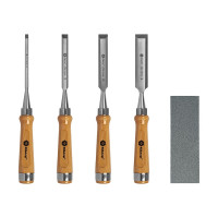 Набор плоских стамесок: 6, 12, 18, 24мм, длина 140мм, CR-V, деревянные рукоятки, точильный камень, 4шт, кейс КОБАЛЬТ 245-893