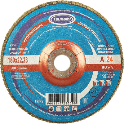 Круг лепестковый универсальный PROF (180х22 мм,  А24, 14А) Tsunami КЛТ1 D96100000P18024