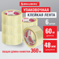 Клейкие ленты BRAUBERG 48 мм х 60 м, упаковочные, комплект 6 шт., прозрачные, 440071