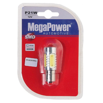 MEGAPOWER Автолампа P21W BA15s 5 SMD MEGA WHITE блистер M-56285Wбл