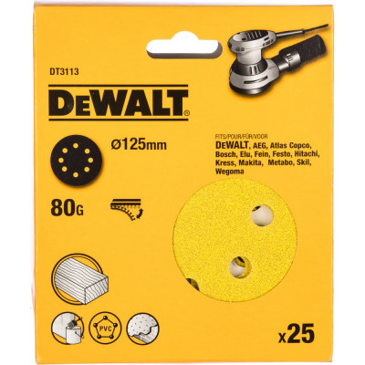 Dewalt Шкурка шлифов. Шлиф.бум.Д125 мм,зер.80,25шт,липучка DT 3113