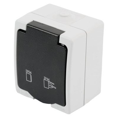 Одноместная розетка STEKKER с заземляющим контактом открытой установки 250В 16А серый/графит 32755