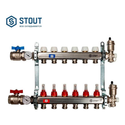 Коллектор из нержавеющей стали в сборе с расходомерами STOUT 6 выходов SMS 0907 000006