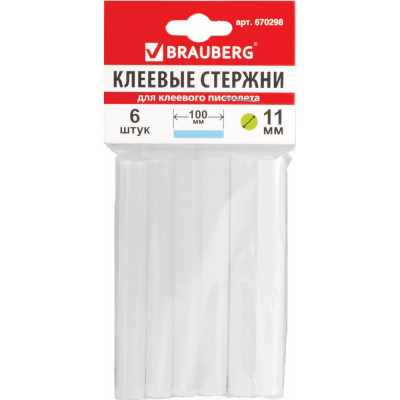 Клеевые стержни, диаметр 11 мм, длина 100 мм, белые, комплект 6 шт. BRAUBERG 670298
