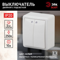 Двойной выключатель с подсветкой ЭРА 11-1205-01 10АХ-250В, IP20, ОУ, Эксперт, белый Б0020666