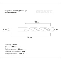 Сверло по металлу HSS-R (16х178х120 мм) Gigant DBM 11136