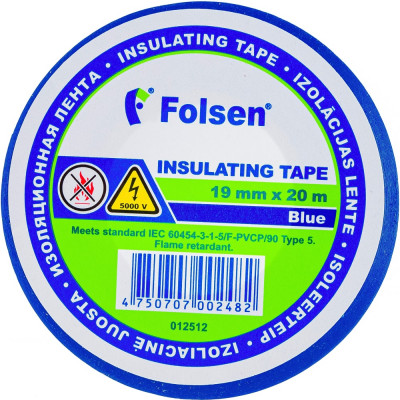 Folsen Изоляционная лента 19мм x 20м, синяя, пламягасящая 012512