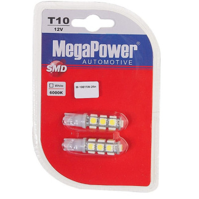 Megapower автолампа t10w w2,1x9,5d 13 smd 5050 white m-10811w-2бл