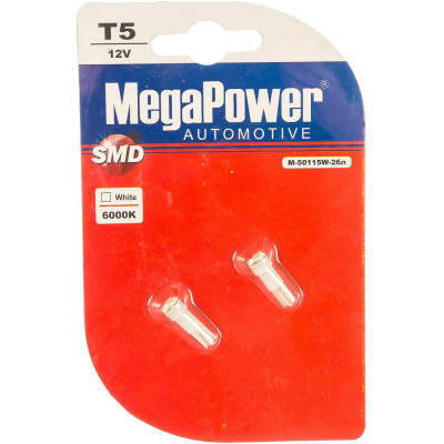 MEGAPOWER Автолампа T5 W2x4.6d 3 SMD 3020 WHITE блистер с тестером 2шт 6000K 21лм 12V 1 25 50115