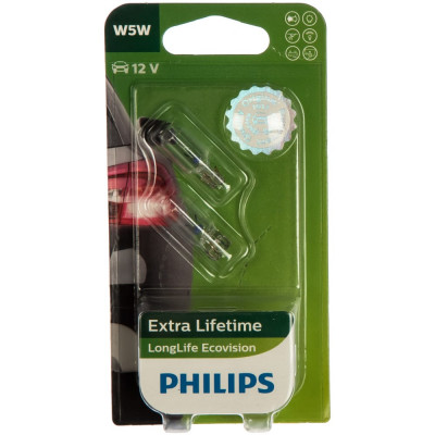 Автолампа PHILIPS W5W W2.1*9.5d LONG LIFE ECO VISION 12V /1/10 P-12961LLECO2бл