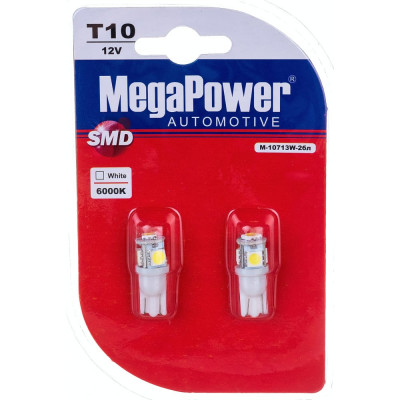 MEGAPOWER Автолампа T10W W2,1x9,5d 4 SMD 5050 WHITE блистер 2 шт 6000K 80лм 12V 1 50 10713