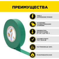 Профессиональная изолента AVIORA 165 мкм, ПВХ, 19 мм, 20 м, зеленая 305-034