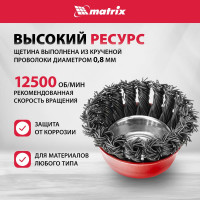 Щетка чашечная для УШМ (75 мм; М14; крученая проволока 0.8 мм) MATRIX 74622