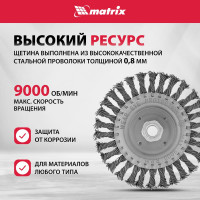 Щетка плоская для УШМ (150 мм; М14; плоская, крученая проволока 0.8 мм) MATRIX 74645