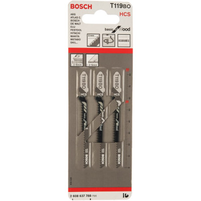 Bosch Пилки длобзика 3шт, T119BO, HCS, 56мм, хв-1уп, кррез 2.608.637.788