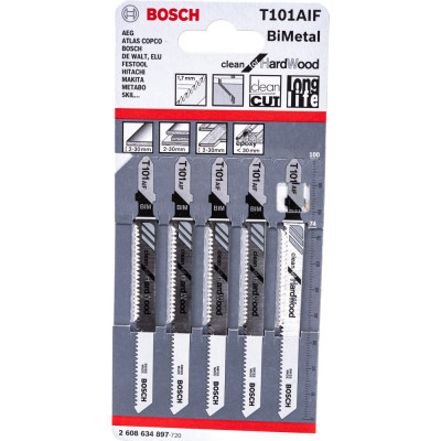 Bosch Пилки длобзика 5шт, T101AIF, BIM, 77мм, , хв-1уп, чпр 2608634897
