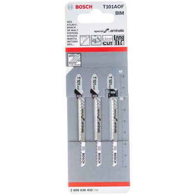 Bosch Пилки длобзика 3шт, T101AOF, BIM, 59мм, хв-1упор, чпр 2.608.636.432 153712
