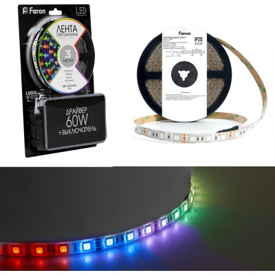 Светодиодная лента LED FERON LS606 3м 60SMD 5050 14.4Вт/м IP20 12V RGB 27722