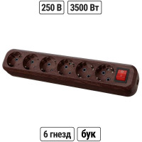Колодка для удлинителя TDM ELECTRIC на 6 гнезд 2П, с заземлением, с выключателем 16А 250В "Эко" (бук) SQ1806-0072
