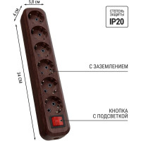 Колодка для удлинителя TDM ELECTRIC на 6 гнезд 2П, с заземлением, с выключателем 16А 250В "Эко" (бук) SQ1806-0072