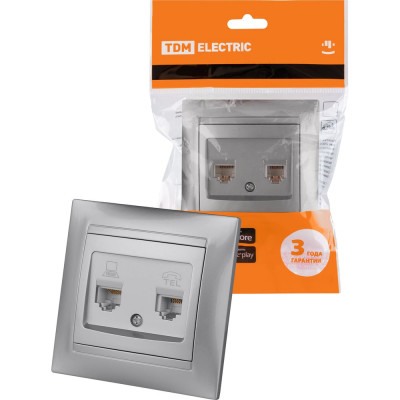 Розетка телефонная RJ11 + компьютерная RJ45 TDM ELECTRIC серебристый металлик, серия "Лама" SQ1815-0219