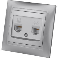 Розетка телефонная RJ11 + компьютерная RJ45 TDM ELECTRIC серебристый металлик, серия "Лама" SQ1815-0219