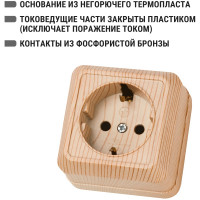 Розетка TDM ELECTRIC 2П+З открытой установки IP20 16А, сосна, серия "Ладога" SQ1801-0050