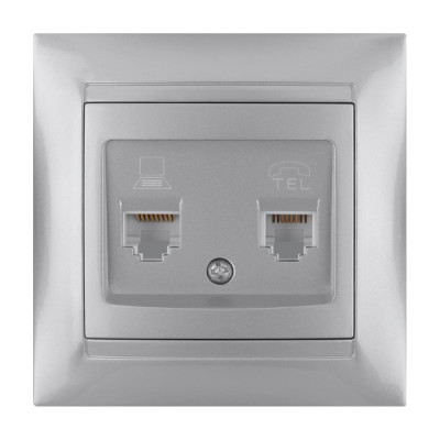 Розетка телефонная RJ11 + компьютерная RJ45 TDM ELECTRIC серебристый металлик, серия "Лама" SQ1815-0219