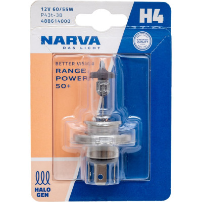 Автолампа H4 60 55 P43t-38+50 RANGE POWER блистер 12V 1 10 Narva 488614000