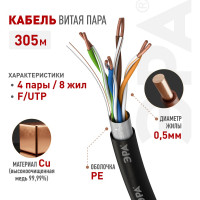 Кабель ЭРА витая пара F/UTP Cat5e 4x2x24 AWG CU PE OUTDOOR 305м Б0044689