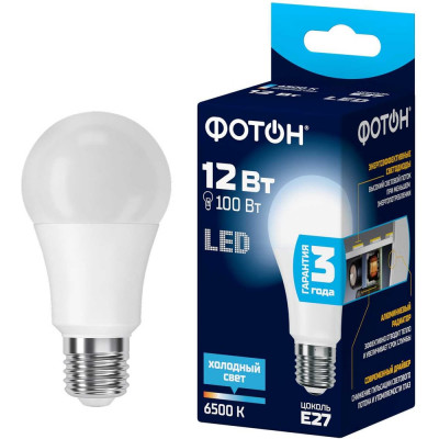 Светодиодная лампа ФОТОН LED A60 12Вт E27 6500K холодный свет 23393
