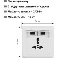 Мультифункциональный блок TDM ELECTRIC Сенеж 1, 2П 10А 250В+2 USВ-порта для зарядки 5В 2,1А, белый SQ1816-0001