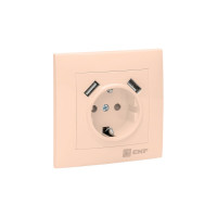 1-местная розетка с 2 USB EKF Валенсия, с заземлением, 16А, кремовая, с защитными шторками  2,1А PROxima EWR16-028-20-2USB