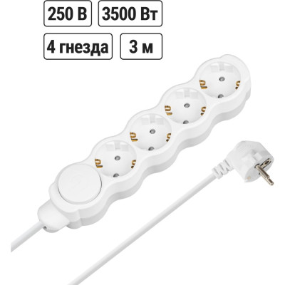 Удлинитель сетевой TDM ELECTRIC с выключателем, 4 розетки, 3 метра, с заземлением, с защитной шторкой, ПВС 3х1мм2 16А 250В бело-серый SQ1303-0134