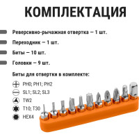 Отвертка с насадками TDM ELECTRIC Алмаз, с реверсивно-рычажной рукояткой, №2, 21 предмет SQ1019-0202