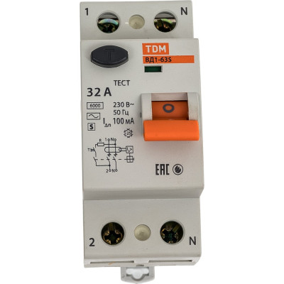 Устройство защитного отключения TDM ELECTRIC УЗО ВД1-63S, 2Р, 32А, 100мА SQ0203-0054