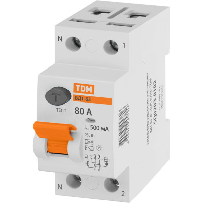 Устройство защитного отключения TDM ELECTRIC УЗО ВД1-63, 2Р, 80А, 500мА SQ0203-0096