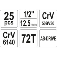 Набор головок с трещоткой YATO 1/2'', 25пр YT-38741