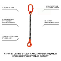 Цепной строп LITELIFT 1СЦ 8т 3м с самозакрывающимся крюком одноветвевой цепь 16x48 T8 G80 1sc8000t3s