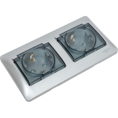 Розетка Systeme Electric Glossa Алюминий 2-ая с/з, со шторками, в сборе, IP44 SE GSL000347