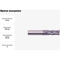 Фреза концевая цельная (14х14х45х100 мм; 4F; HRC45; AlCrN; ц/х; К40) PANDA CNC mf81404