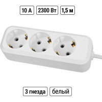 Удлинитель сетевой TDM ELECTRIC 3 розетки, 1,5 метра, с заземлением, ПВС 3х0,75 мм2 10А 250В, белый, SQ1303-1040