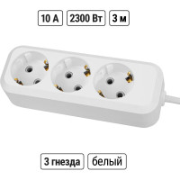 Удлинитель сетевой TDM ELECTRIC 3 розетки, 3 метра, с заземлением, ПВС 3х0,75 мм2 10А 250В, белый, SQ1303-1041