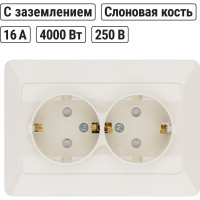 Розетка двойная слоновая кость с защитными шторками с заземлением, 16А 250В серия "Ильмень" TDM ELECTRIC SQ1823-0116