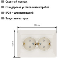 Розетка двойная слоновая кость с защитными шторками с заземлением, 16А 250В серия "Ильмень" TDM ELECTRIC SQ1823-0116
