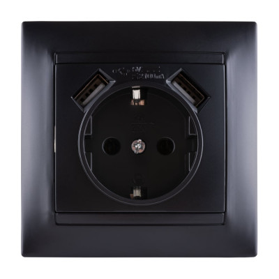 Розетка 16А 250В + 2 USB порта 2,1А 5В с заземлением графит "Лама" TDM ELECTRIC SQ1815-0642