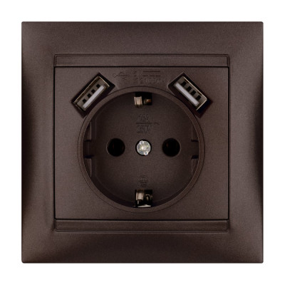Розетка 2П+З 16А 250В + 2 USB порта 2,1А 5В TDM ELECTRIC шоколад, серия "Лама" SQ1815-0542